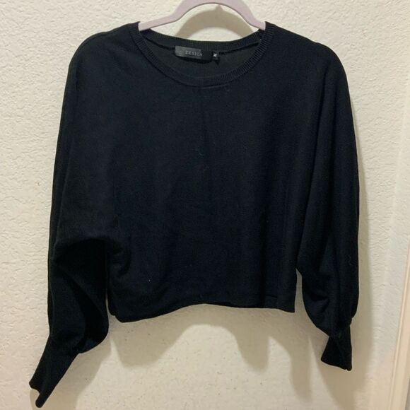 ZESICA Size Medium Black Loose Dolman Sleeve Crewneck Sweater Slight Crop 18" - Picture 3 of 8